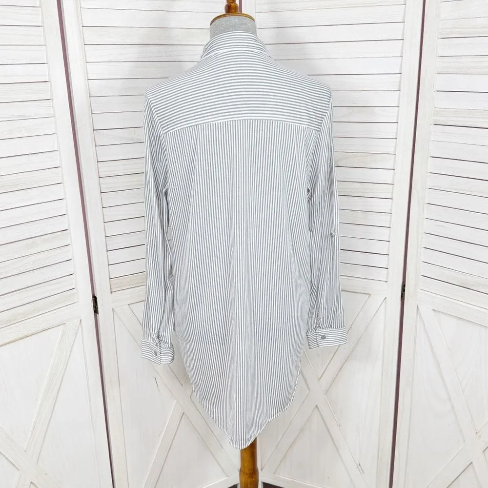 Eden & Olivia Striped Knit Button Up Long Sleeve Shirt Grey White Large - Image 4