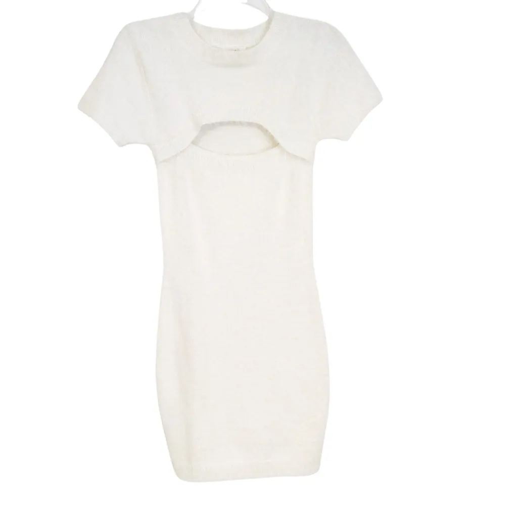 Superdown Revolve Lola Cut Out Fuzzy Knit Sweater Mini Dress White Size S - Image 5