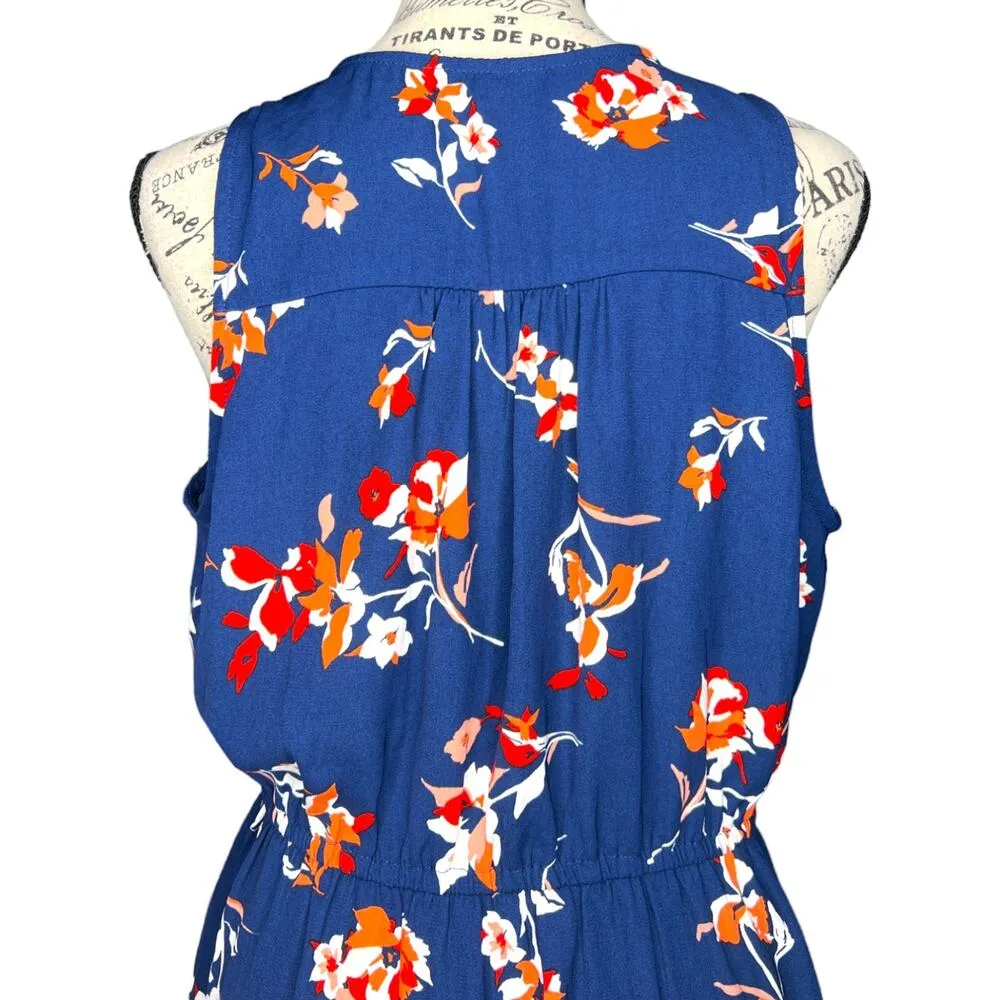 41Hawthorn MEDIUM PETITE Trisha Split Neck Dress Stitch Fix Floral Elastic Waist Blue - Image 7