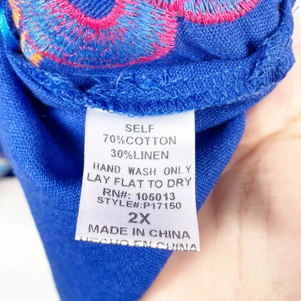 Perfectly Priscilla Women's Cobalt Blue Embroidered Floral 2X Linen Blouse Top - Image 4