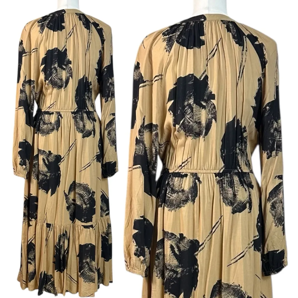 United Colors Of Benetton Black & Tan Floral Long Sleeve Midi Dress Size Large - Image 6