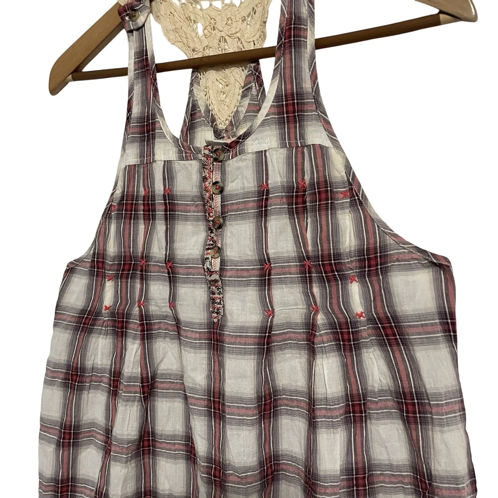 Free People Plaid Crochet Racerback Tank Top Women Size 4 Red White - Image 4