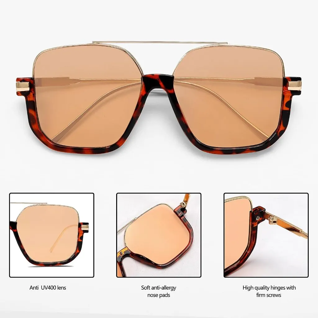 Unisex Gold Leopard Frame Brown Oversized Aviator Sunglasses for Square Double - Image 3