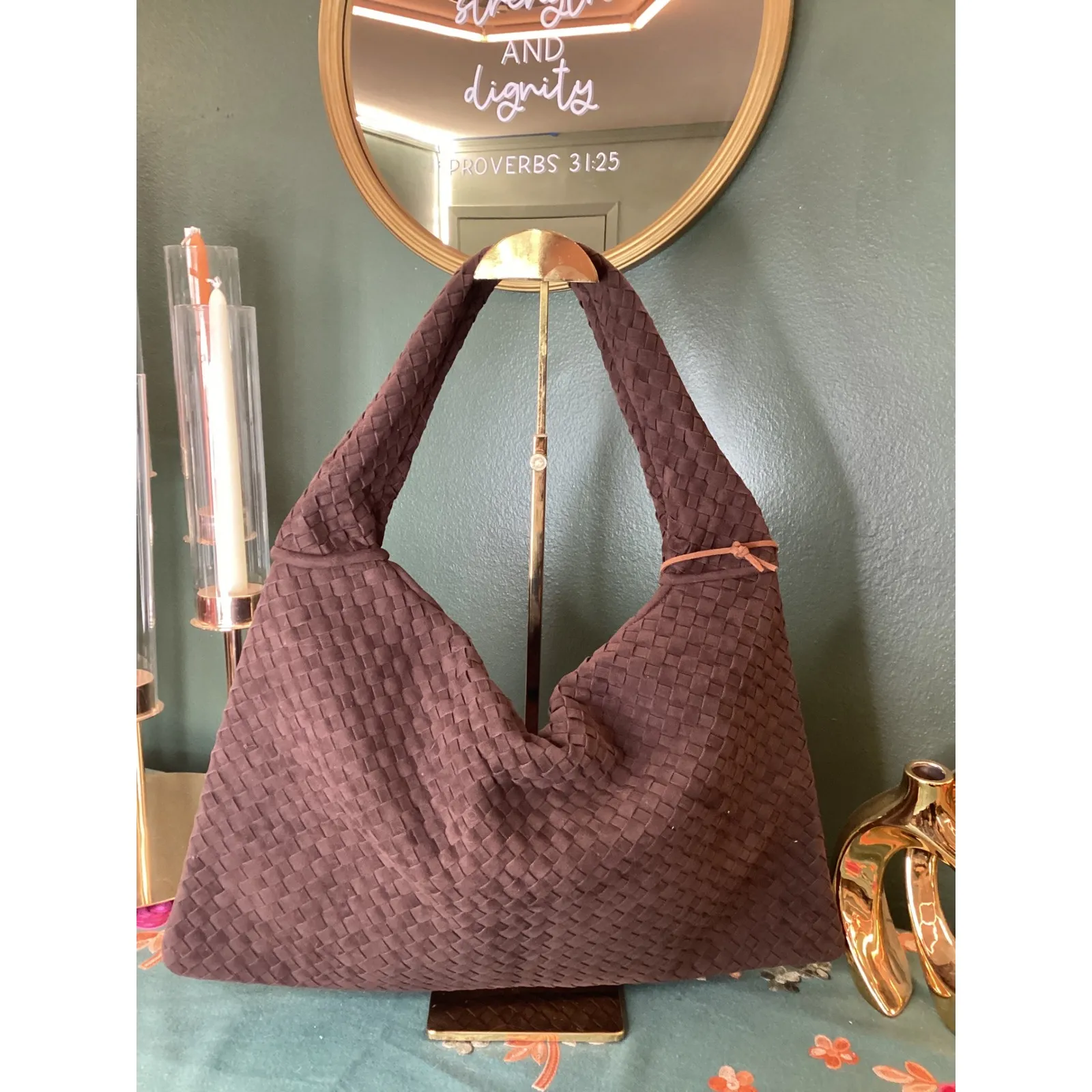 Luxury Faux Suede Woven Hobo Shoulder Bag Chocolate Brown Chic Everyday - Image 2