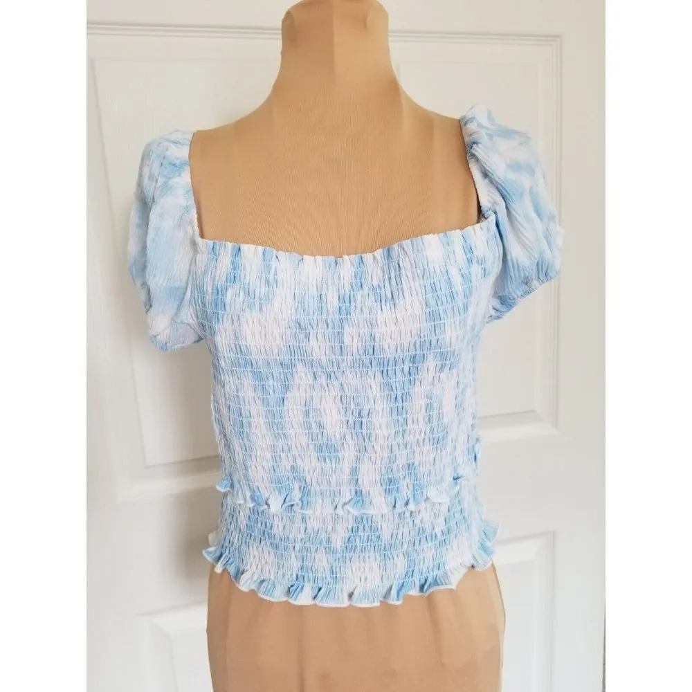 LUSH Crop Top Women's Blue Swirl Smocked Cap Sleeve Square Neck Ruffle Size M - Image 2