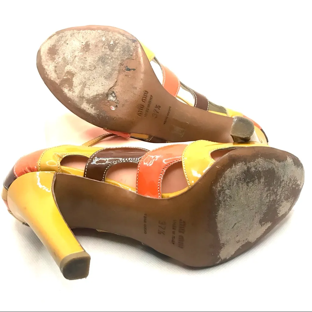 MIU MIU ORANGE, BEIGE & BROWN PATENT LEATHER PEEP TOE MARY JANE HEELS (37.5) - Image 13