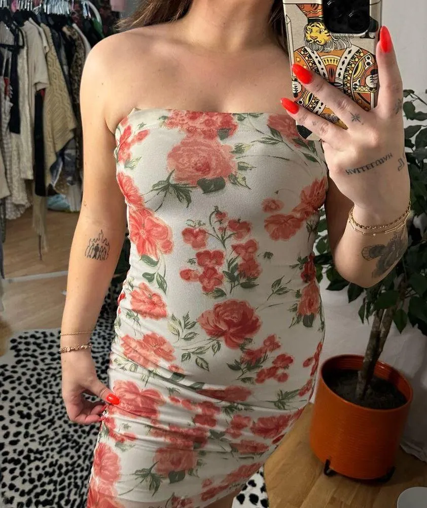 Floral Strapless Bodycon Mini Dress Pink Mesh - Image 4