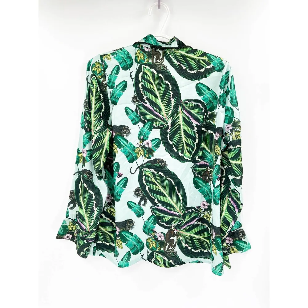 LoboRosa Tropical Palm Leaf Leopard Monkey Jungle Print Pajama Style Shirt Sz L Size L - Image 6
