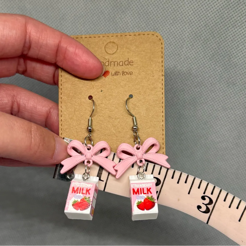 Handmade Pink Bow and Strawberry Milk Earrings - Image 5