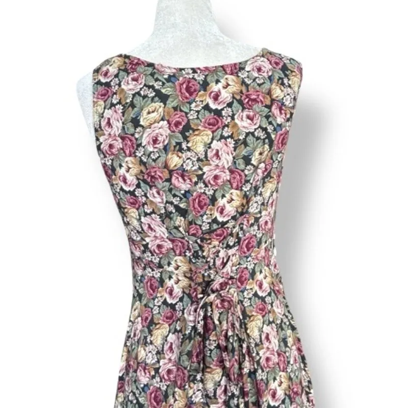 Vintage All That Jazz Dark Floral Rayon Maxi Dress Lace Up Back Romantic Cottage Black - Image 2