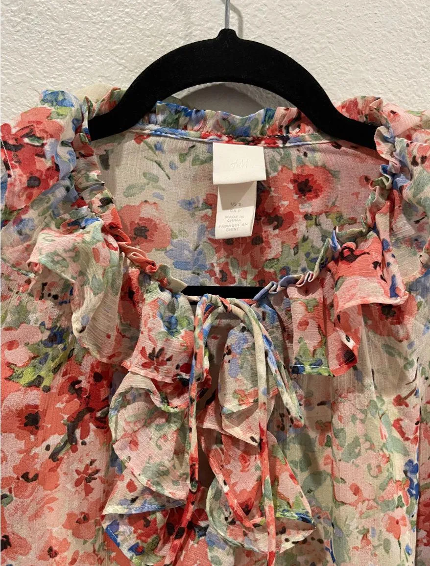H&M  Floral Long Sleeved Sheer Mini Dress - Image 3