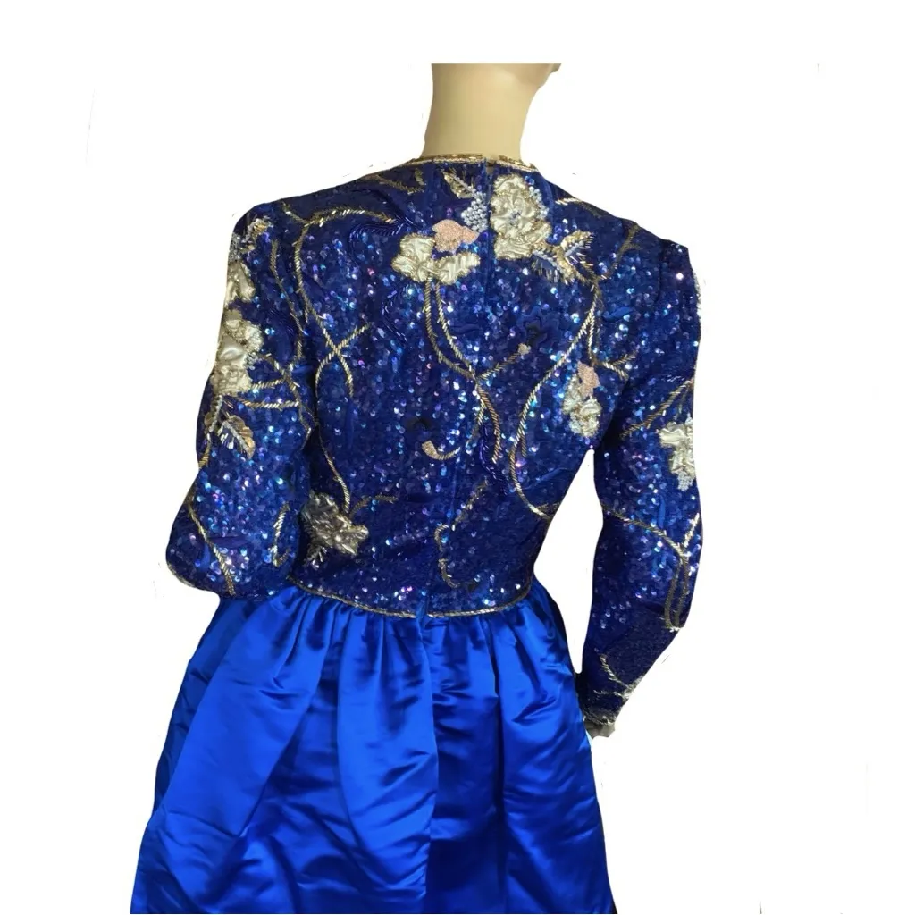 RICHILENE VINTAGE 1980'S BLUE, CREAM & GOLD SEQUIN & SATIN GOWN (S) Blue - Image 6