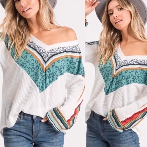 LTX Top Waffle Weave Chenille White S Aqua Relaxed V - Image 2