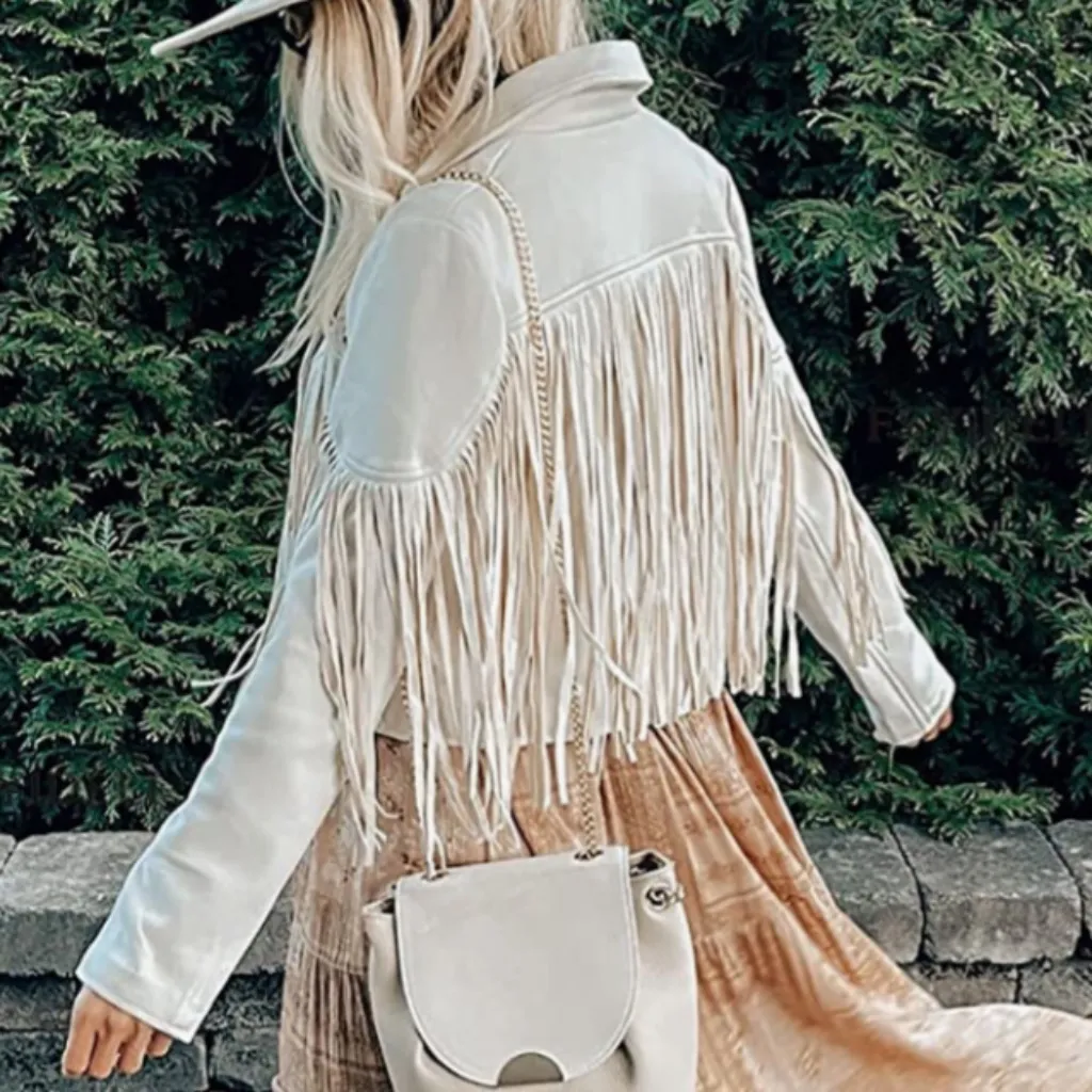 Womens Sand Fringed Faux Suede Good Vibes Moto Jacket sz sm - Image 7