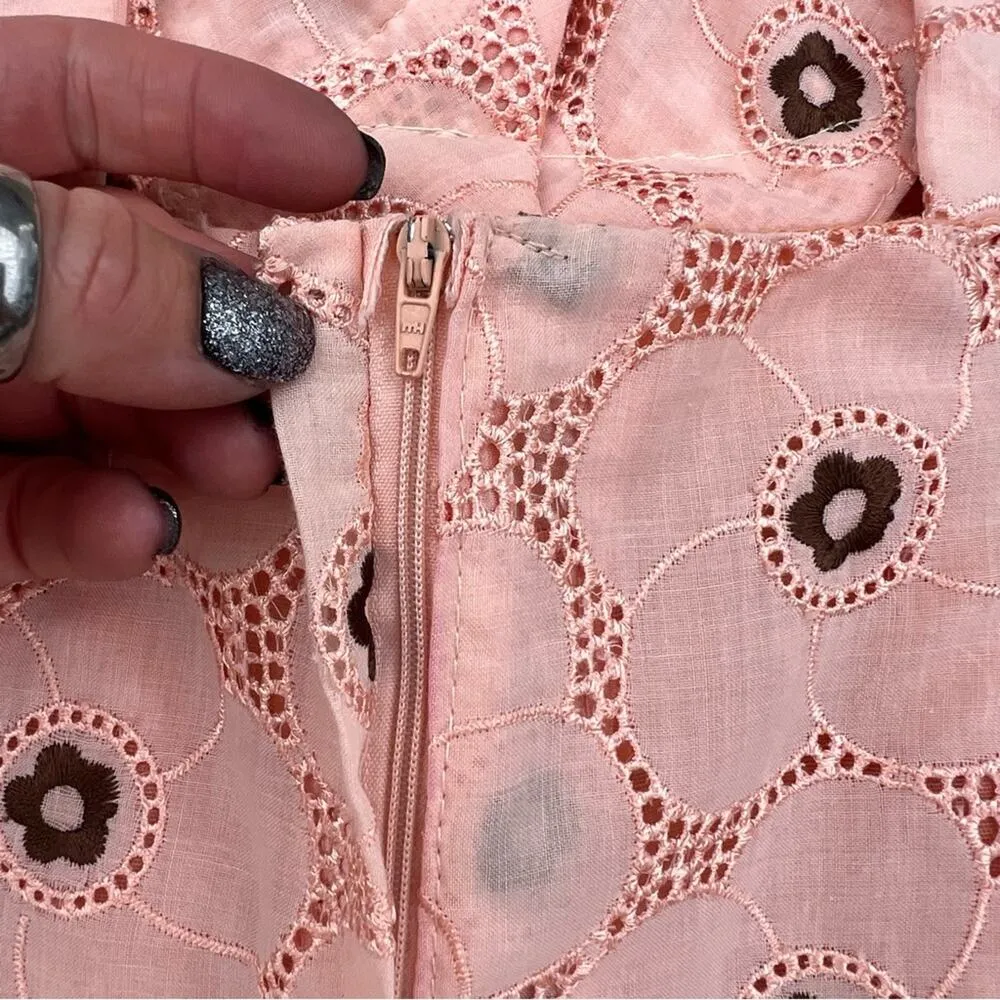 Vintage peach brown floral flower eyelet lace fit flare dress with V wide straps - Image 7