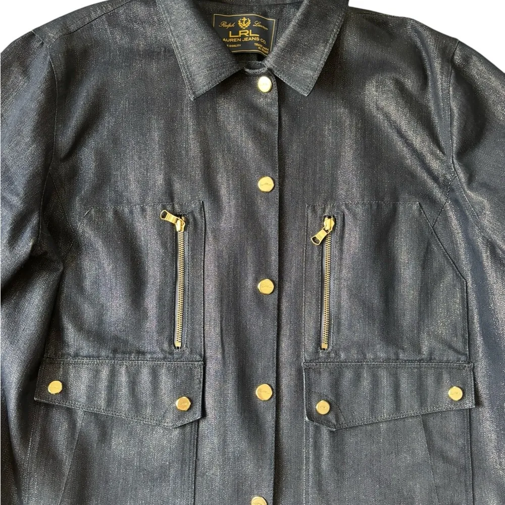 LRL Lauren Jeans Denim Jean Jacket Sz XL Sparkles Zipper Snap Pockets Boxy Fit - Image 2