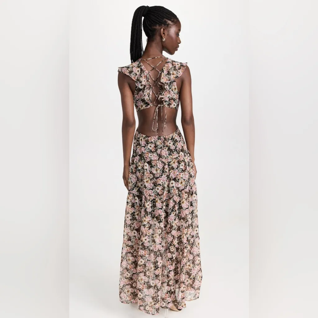 NWT ASTR Black Multi Floral Cut Out Ruffle V-neck Flowy Maxi Dress Medium - Image 7