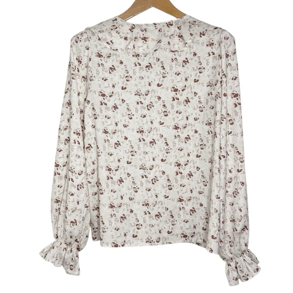 Frye Saltbreeze Combo Ivory/Brown Ruffled V-neckl/cuffs Long Sleeve Blouse M - Image 3