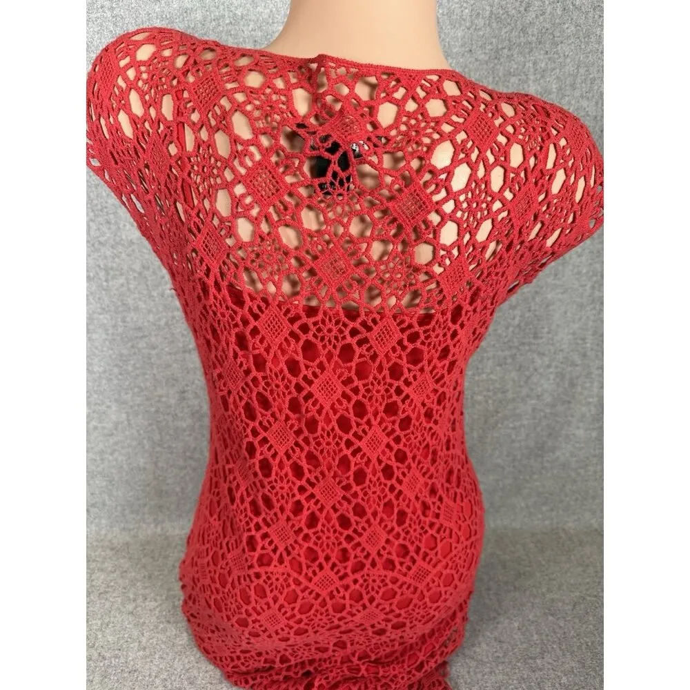 Lauren Ralph Lauren Small Crocheted Lined Knit Sweater Dress Red Knee Length - Image 16