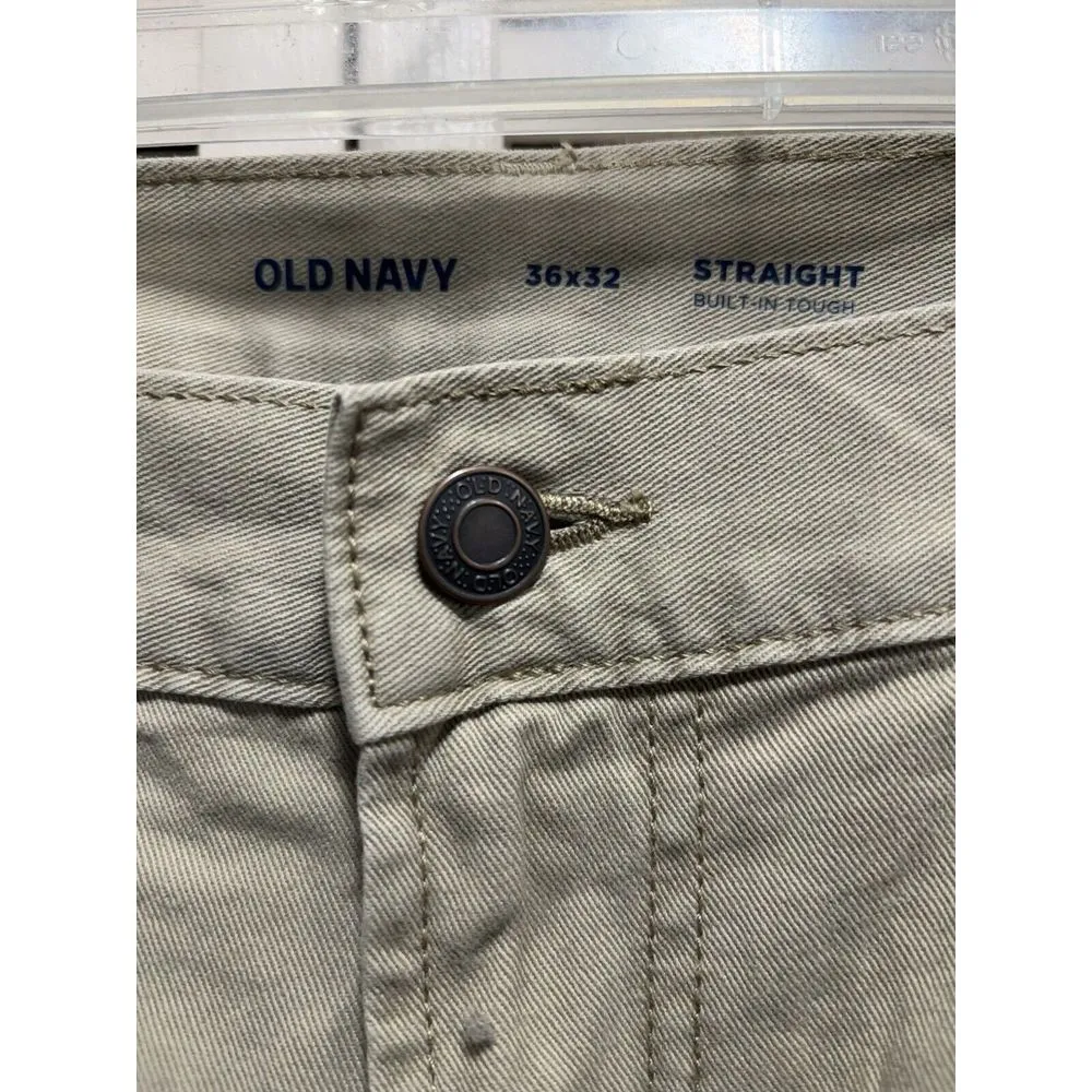 Old Navy‎ Khaki Beige Cotton Jeans Straight Leg High Rise Size 36x32 Zip Logo - Image 2