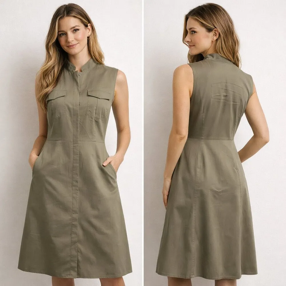 Ann Taylor Sleeveless Utility Shirt Dress, khaki green - Size 8 - Image 2