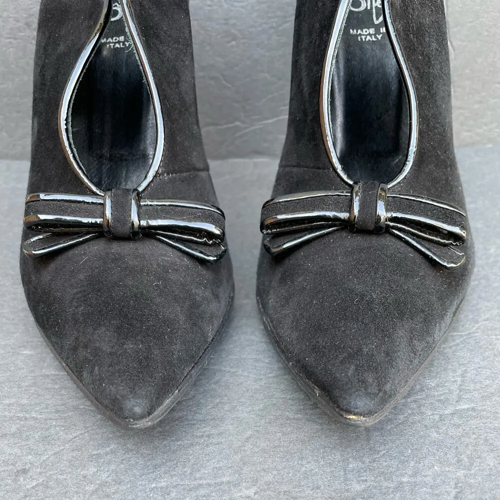 Vintage Icone Black Suede Heels 38.5/US 7.5 Italy Patent Bow 90s - Image 4