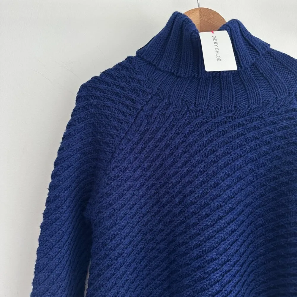 See By Chloe Sweater Womens 6 Navy Wool Blend Textured Chunky Fisherman Tunic - Image 3