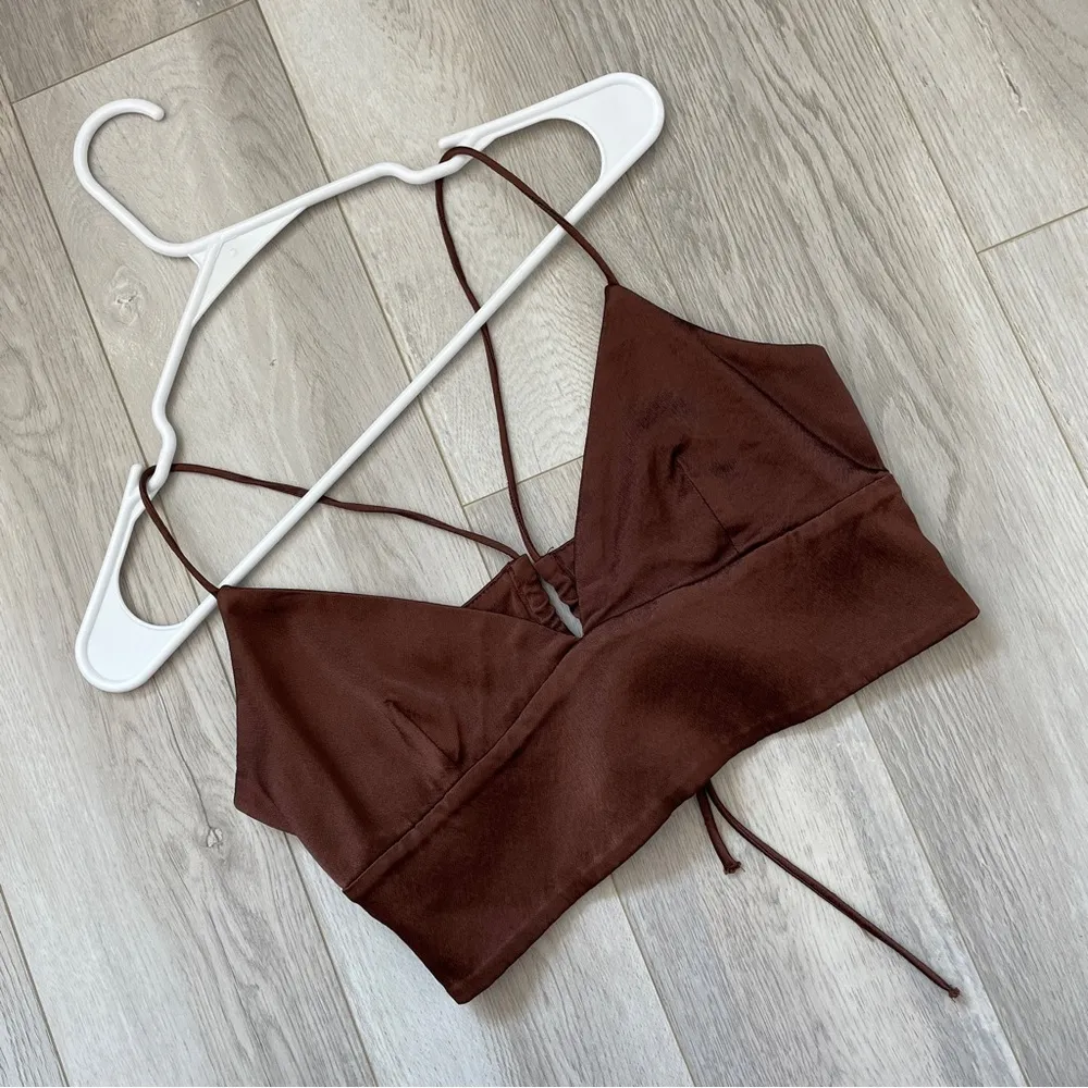 Zara Crop Tank Top satin effect criss cross back Womens Brown (medium) going out - Image 3
