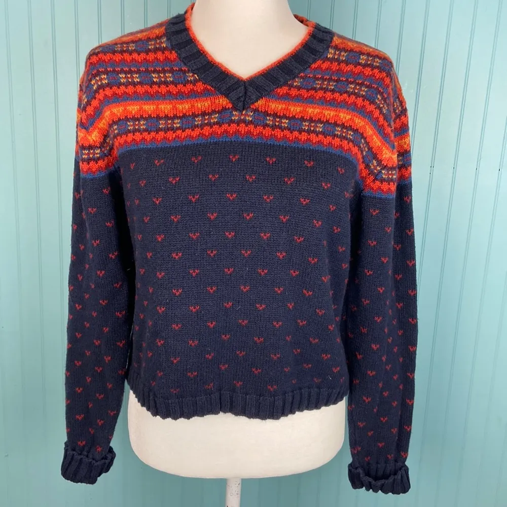 Vintage Paris Sport Club Fair Isle Teal Knit Cropped V Neck Sweater Size Large - Image 2