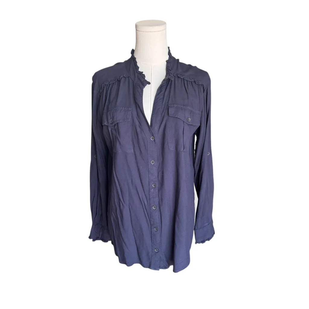 Sundance - Navy Ruffle Neck Button Front Tunic Blouse Sz XS - Image 2