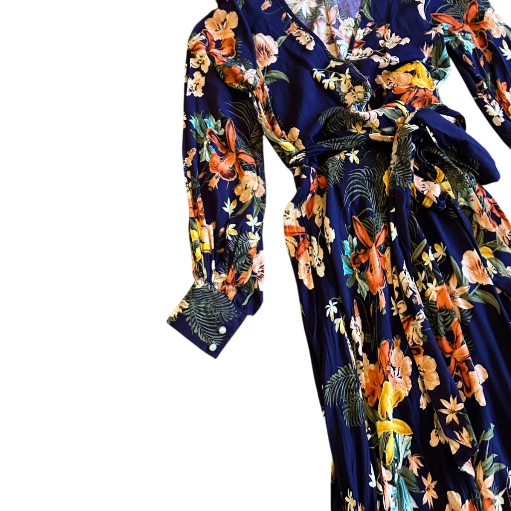 Meghan LA Lilypad Iris Navy Bell Sleeve Open Slit Maxi Dress Size Small Women's - Image 5