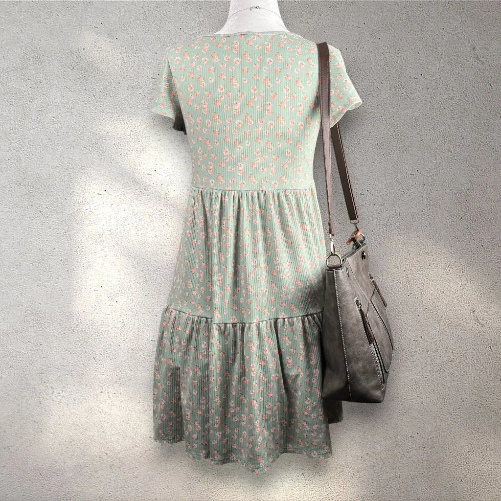 See You Monday Floral Tiered Dress Women's M Green Cottage Bloomcore Coquette - Image 2