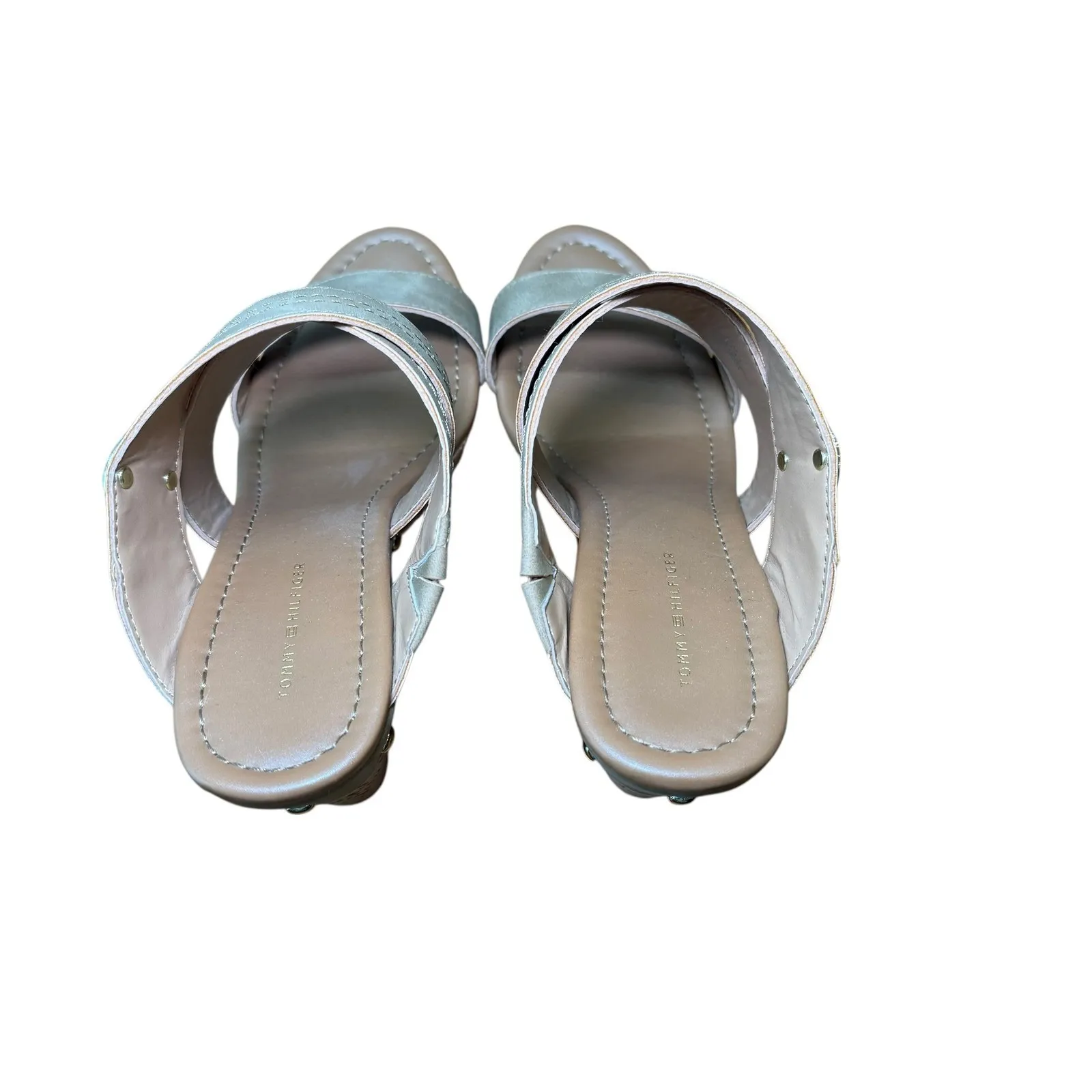 Tommy Hilfiger‎ Women's Beige Faux Leather Cork Wedge Heels Platform Sandals 10M - Image 6