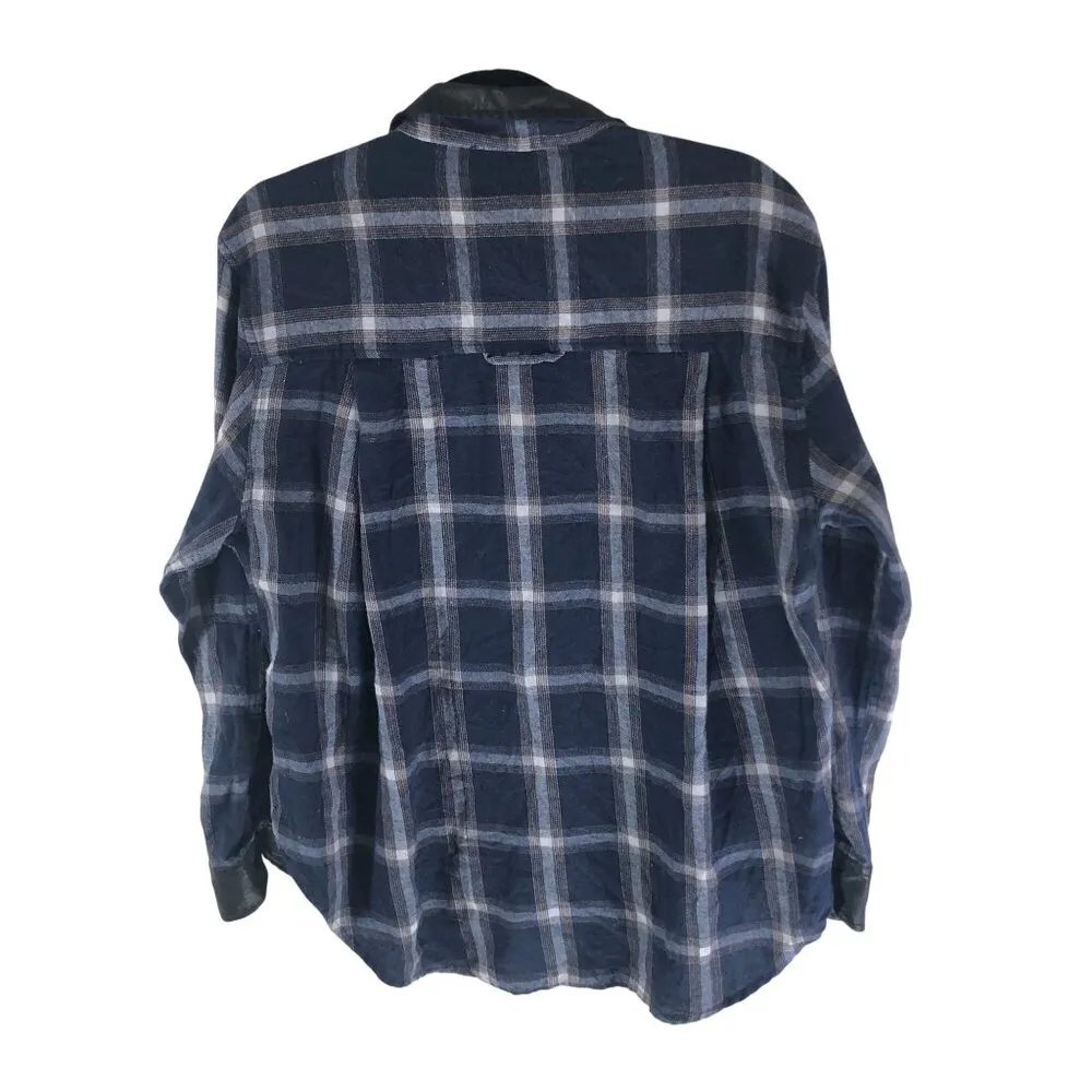 Heartloom Womens Flannel Shirt Button Down Faux Leather Trim Plaid Blue White M - Image 2