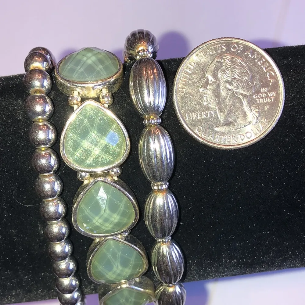 Lot of 3 Silver Tone Light Blue Opaque Rhinestone Boho Beaded Stretchy Bracelets - Image 3