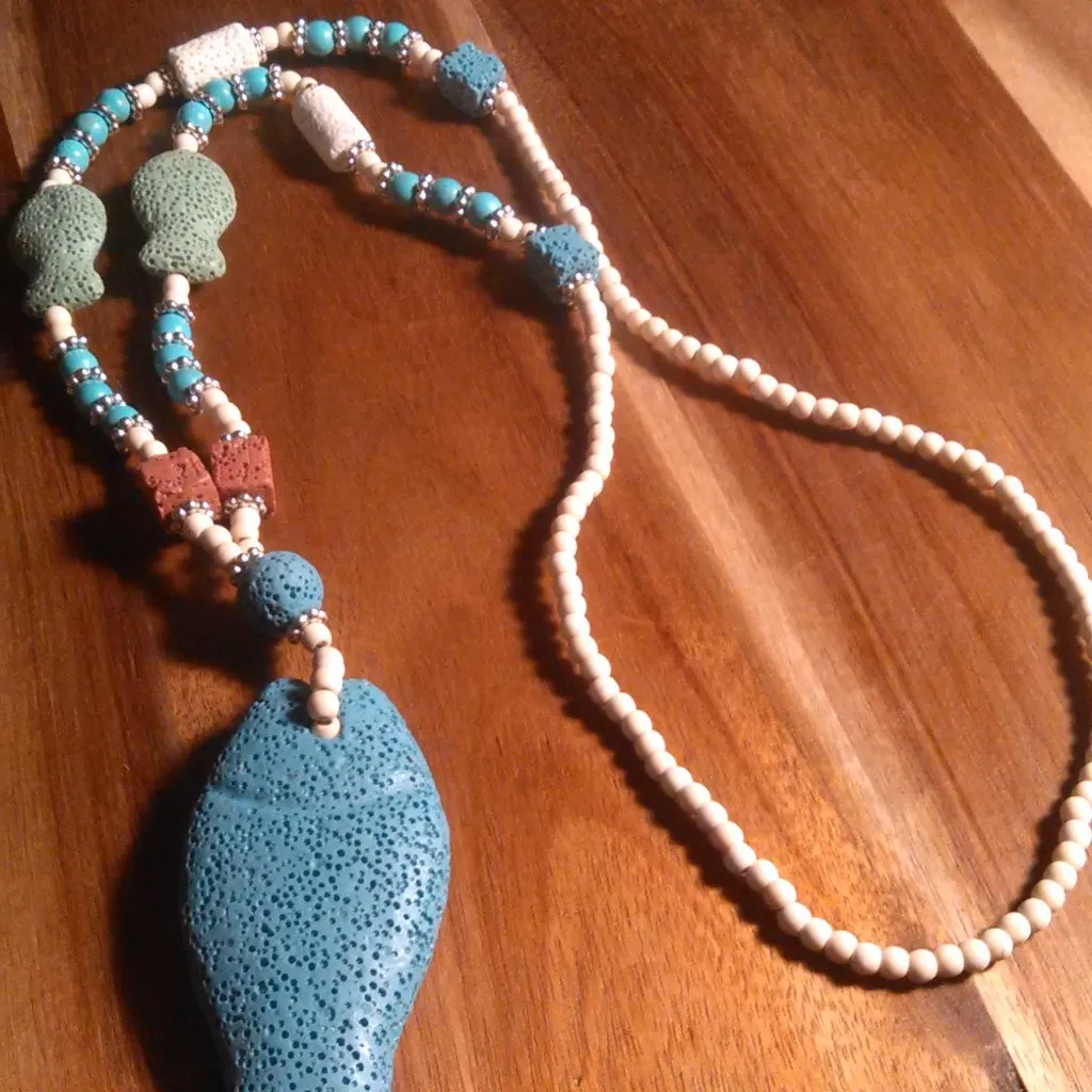 White and Blue Howlite and Lava Stone Fish Pendant Necklace (28 Inch) - Image 2