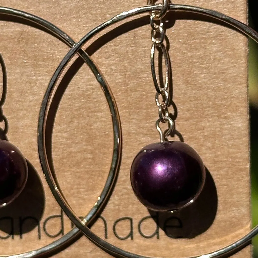 Handcrafted Maui Gold Filled Hammered Circle Earrings Purple Freshwater pearls - Image 5