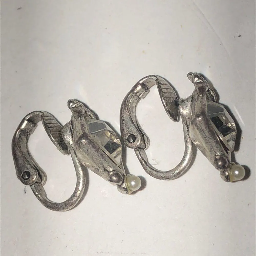 Vintage Satin Silver Tone & CZ Rhinestone Classic Retro Boho Clip On Earrings - Image 2