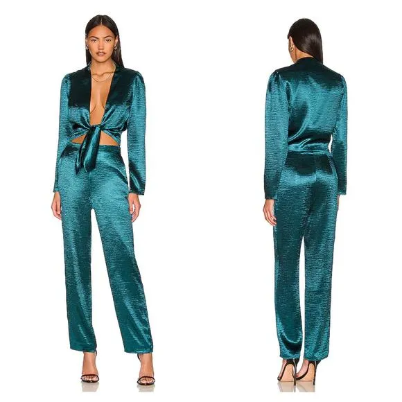 Lovers + Friends Kendall Green Satin Jumpsuit Medium Tie Front Long Sleeve - Image 2