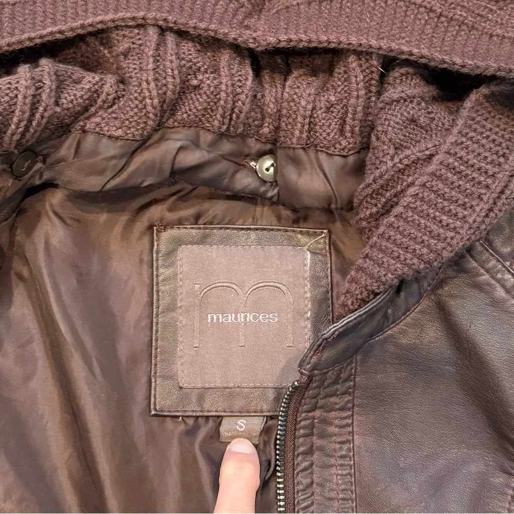 Maurice’s Maroon Faux Leather Jacket With Hood and Ribbed Sides Size Small - Image 2