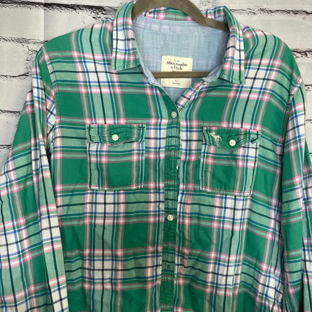 Abercrombie & Fitch Green and White Button Down Plaid Striped Shirt SZ L Collar - Image 4