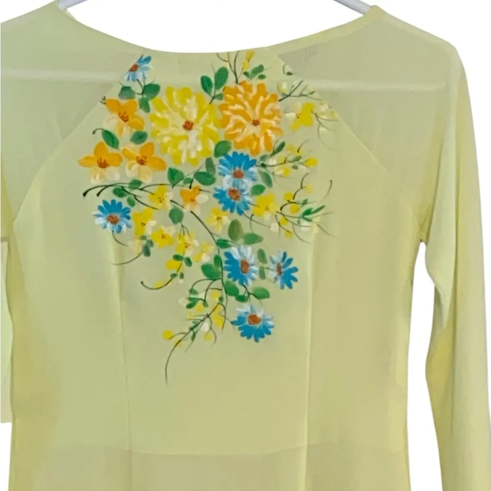 Vintage Ao Dai Yellow Hand Painted Floral Long Sleeve sheer Dress - Image 6