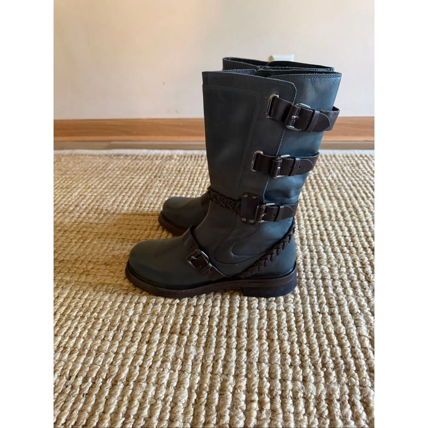 Free People Leather Moto Boots Teal Blue Green Buckle Mid Calf Size 10 - Image 3