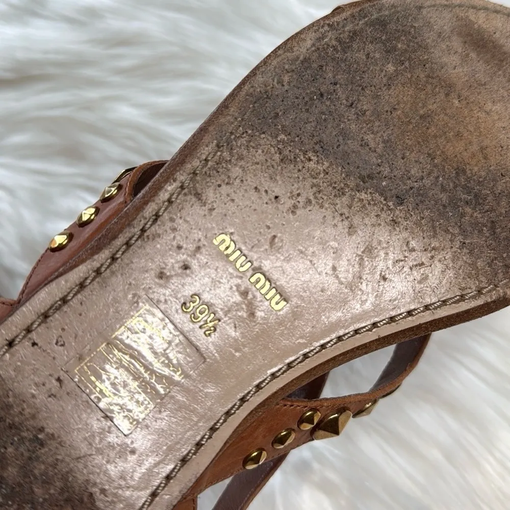 Miu Miu Brown Gold Studded Leather Sandals - Image 8