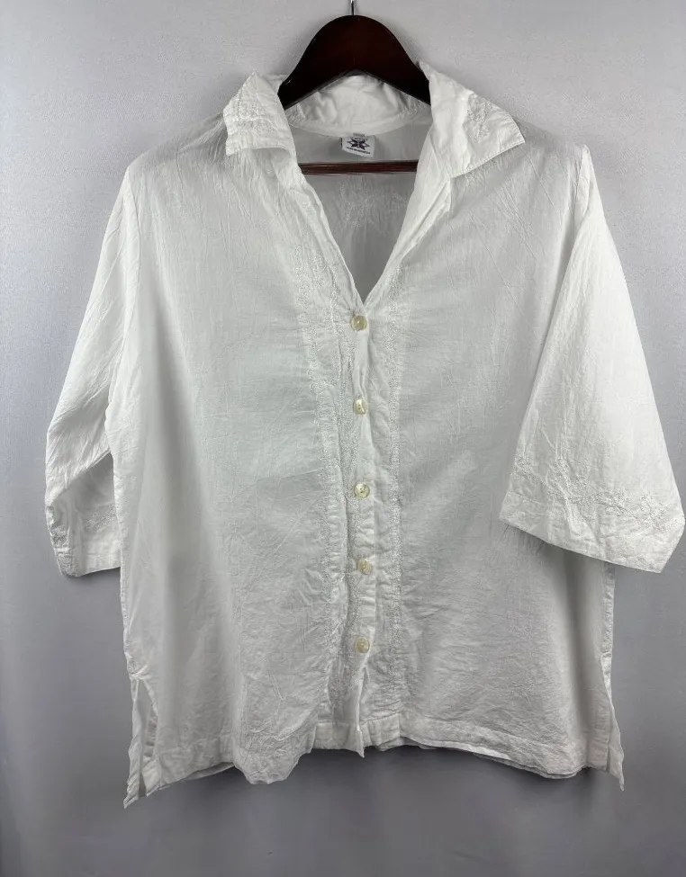 Women’s Yazdi Size M/L White Cotton Long Sleeve Button Up with Floral Embroidery - Image 1