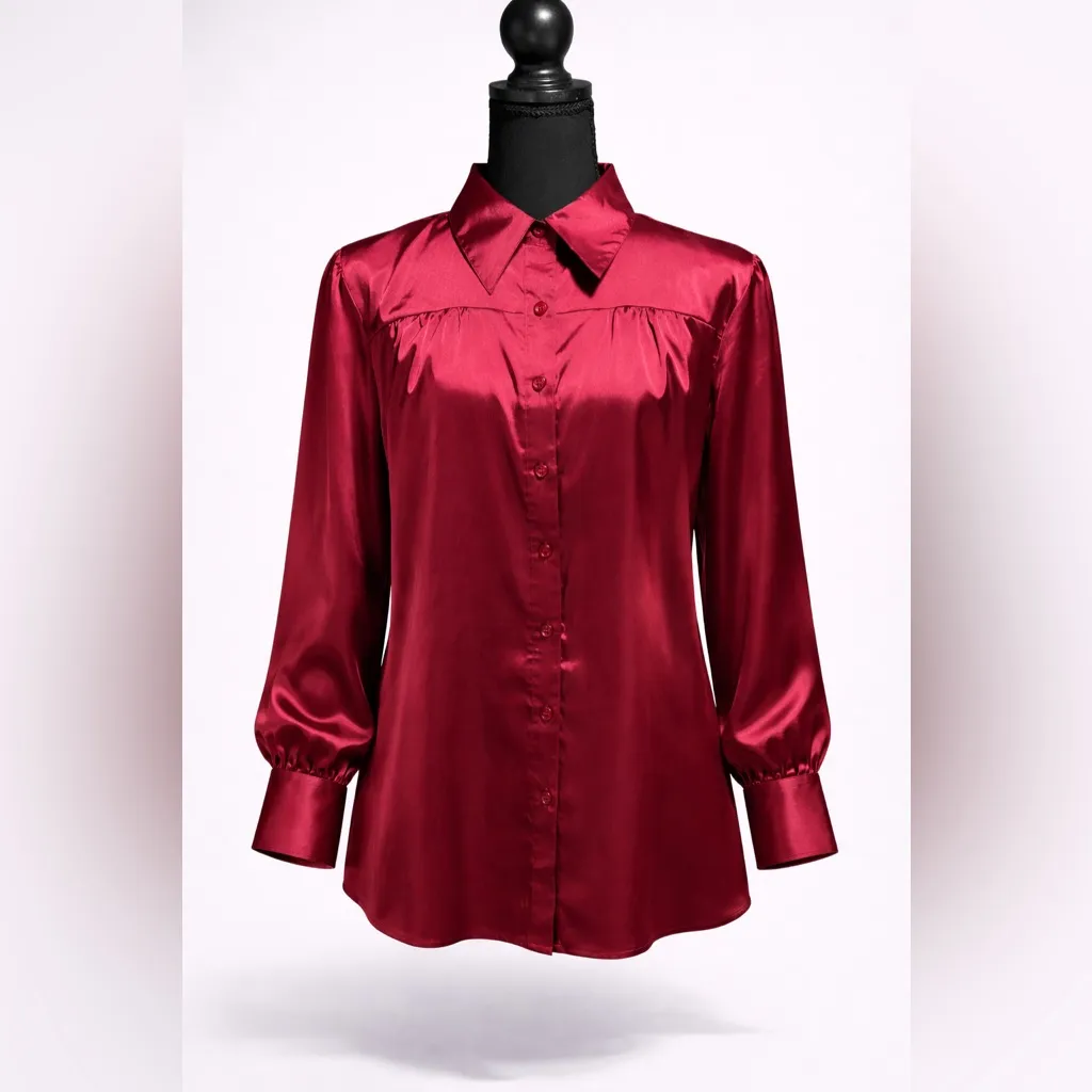 AB Studio Burgundy Satin Blouse Size Large - Image 2