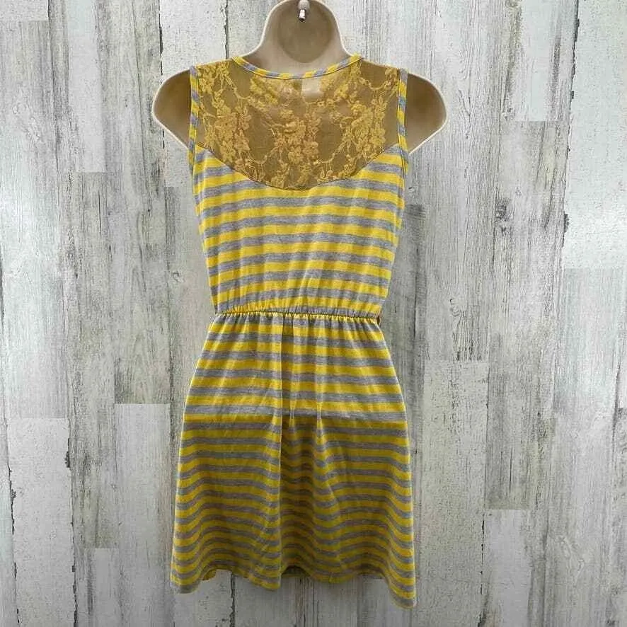 Espresso Dress Womens Juniors Medium Yellow Gray Stripe Lace Back Faux Buttons - Image 3