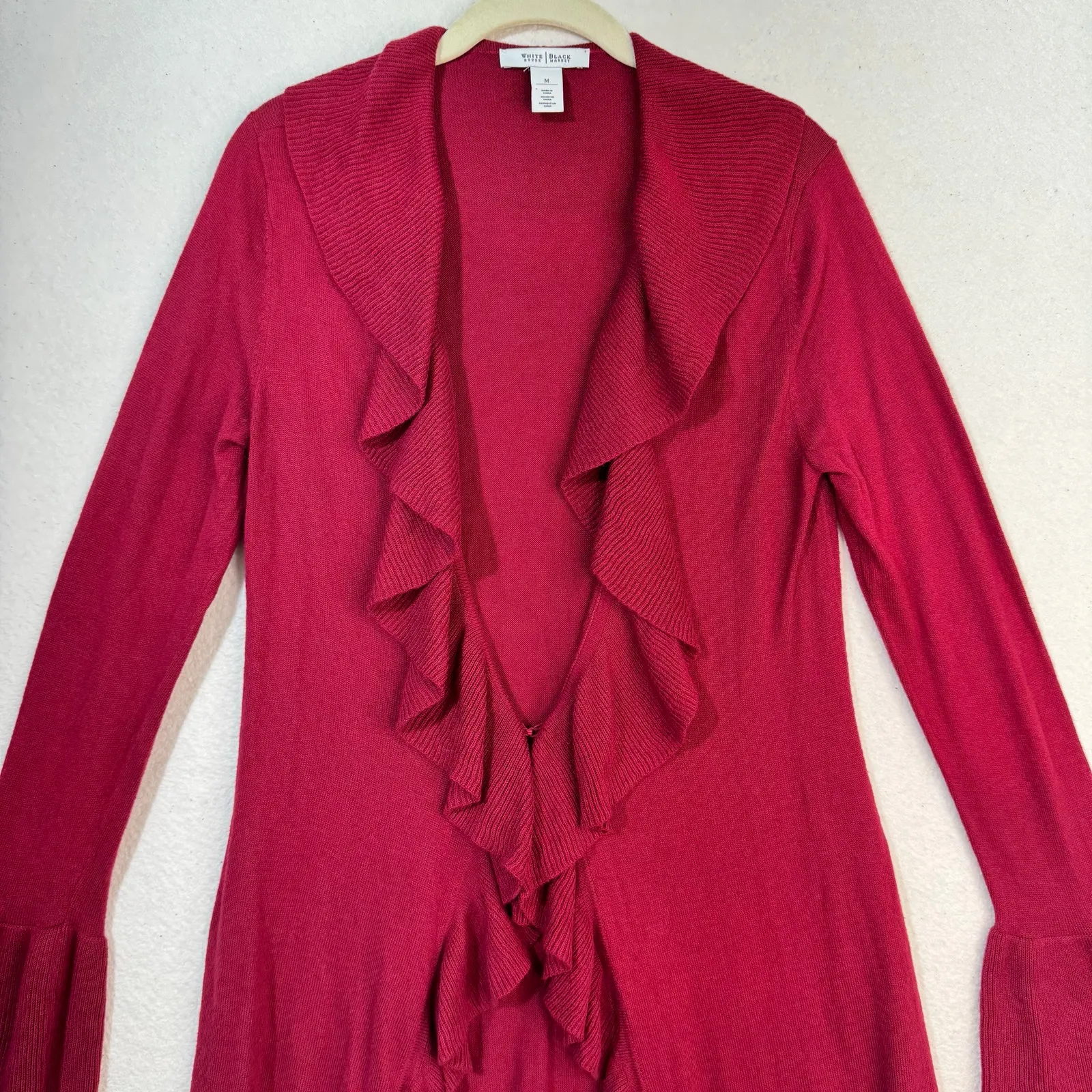 White House Black Market Dark Red Knit Ruffled Cardigan Size Medium Y2K Clueless - Image 6