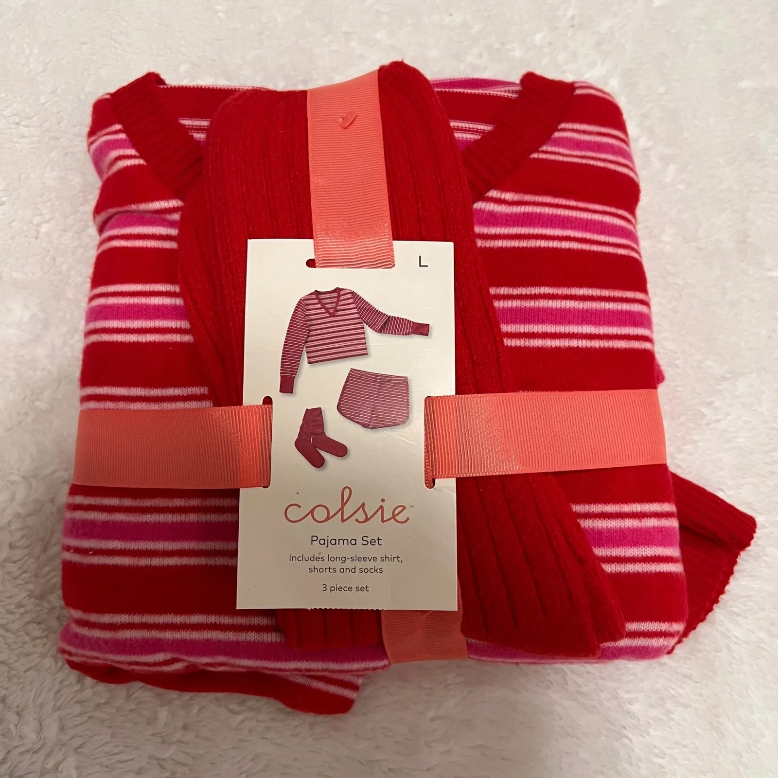 Calsie Red Pink Stripe Pajama Set Long Sleeve Shirt Pants Socks Size Large NWT - Image 1