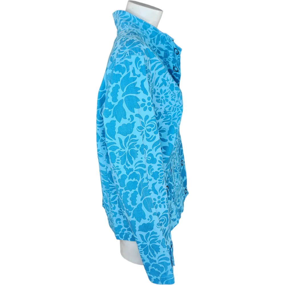 Coldwater Creek Medium Blue Floral Denim Jacket Snap Button Mock Neck Career NWT - Image 12